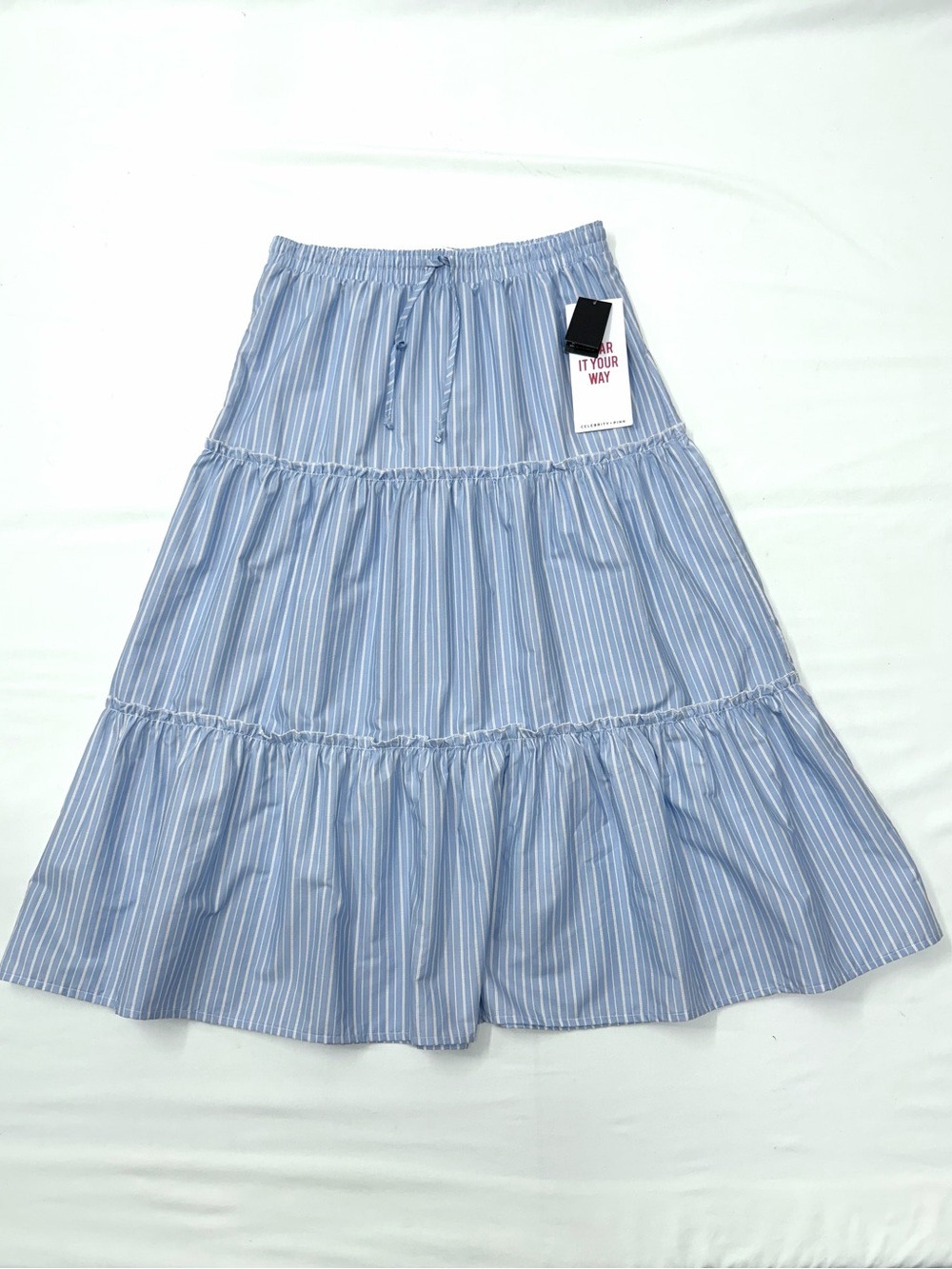 Celebrity Pink Blue & White Pinstripe Tiered Midi Skirt NWT | Size M